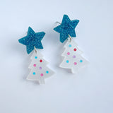 Star-Topped Mini Christmas Tree Earrings - White