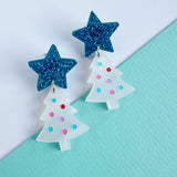 Star-Topped Mini Christmas Tree Earrings - White
