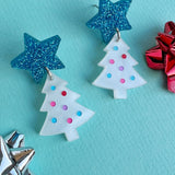 Star-Topped Mini Christmas Tree Earrings - White