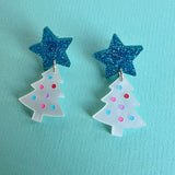 Star-Topped Mini Christmas Tree Earrings - White