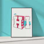 A framed portrait art print resting on a white floor with aqua background. The print features red neon sign lettering in a desert roadside setting, spelling the word 'HI'. The letters make the structure of the HI-way Hotel, an imaginary roadside stop-off for road trippers.