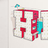 Close-up detail of a retro travel themed typographic print featuring red neon lettering forming a vintage americana highway hotel, with sun loungers, a swimming pool and a welcome sign.