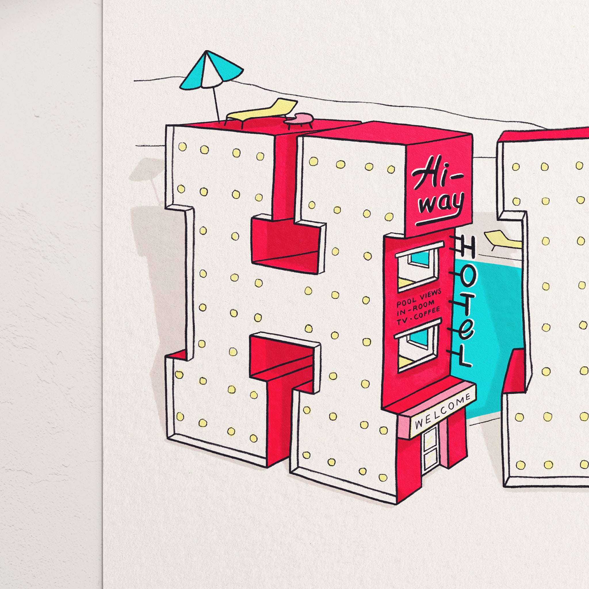 Close-up detail of a retro travel themed typographic print featuring red neon lettering forming a vintage americana highway hotel, with sun loungers, a swimming pool and a welcome sign.