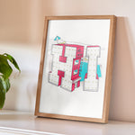 An art print in a wooden frame resting against a neutral wall with houseplant. The neon lettering reads 'HI' and on closer inspection you can see that the lettering contains hotel rooms. A swimming pool and subtle mountain vista can be seen behind the letters.