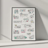 An art print featuring hand-drawn retro-style illustrations of various diner and fast-food establishments that you might see on a US road trip, displayed against a neutral light grey wall.