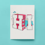 A portrati shaped art print on archival paper shown against a plain aqua blue background. The neon lettering forms a unique imaginary roadside hotel, with rooms hidden in the giant letters. The hotel features a pool, sunloungers and umbrellas. The midcentury colour palette is red, white, aqua, yellow and pink. 