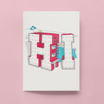 A portrait-shaped art print featuring a red and white retro-style hotel spelling the word 'HI' in vintage neon sign lettering, with swimming pool and sunlounger details, shown against a solid pink background.