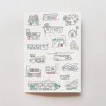 Small Town Americana art print featuring midcentury modern storefronts and Googie roadside buildings line art illustration by Tiny Scenic