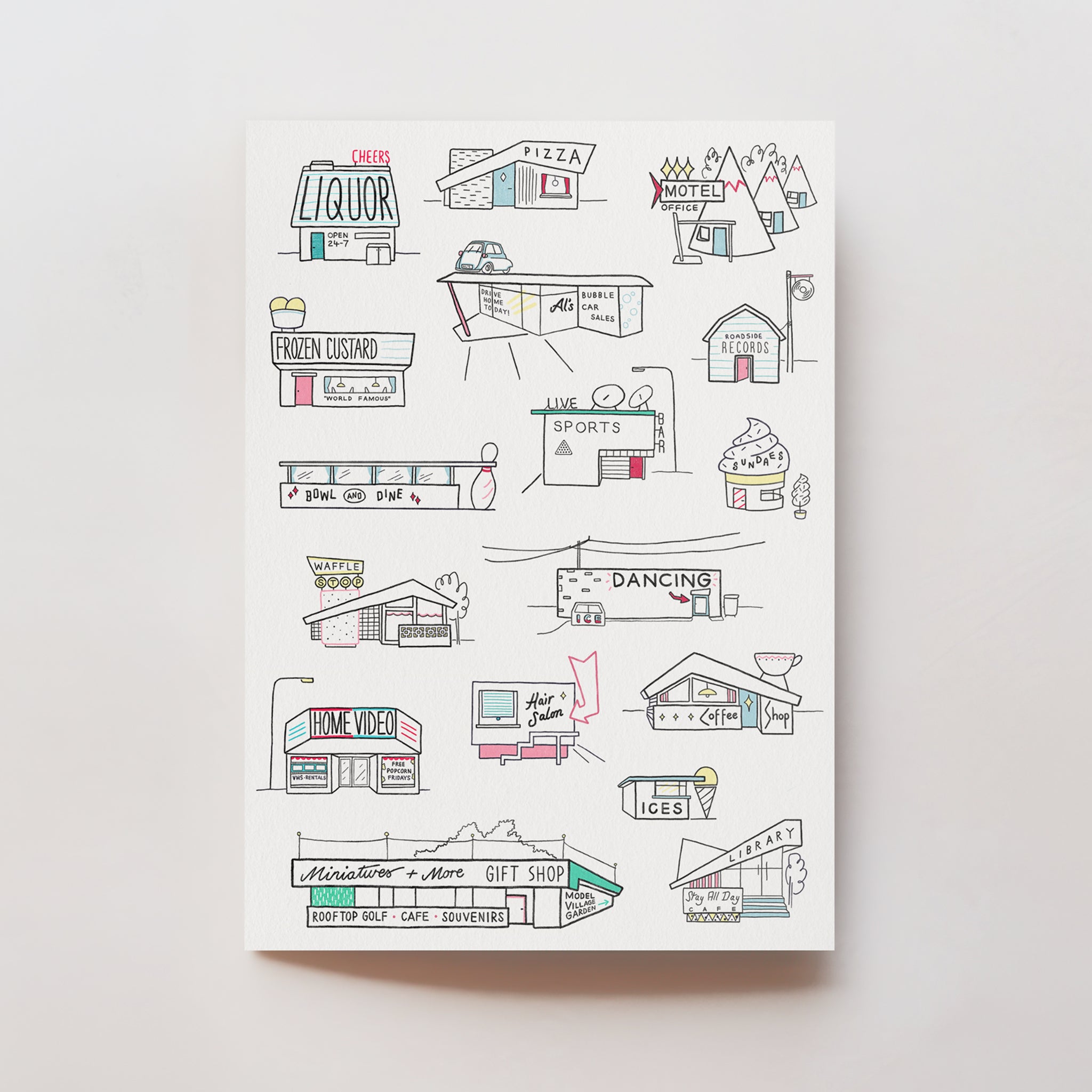 Small Town Americana art print featuring midcentury modern storefronts and Googie roadside buildings line art illustration by Tiny Scenic