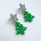 Star-Topped Mini Christmas Tree Earrings - Green