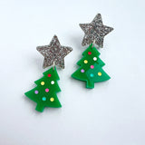 Star-Topped Mini Christmas Tree Earrings - Green