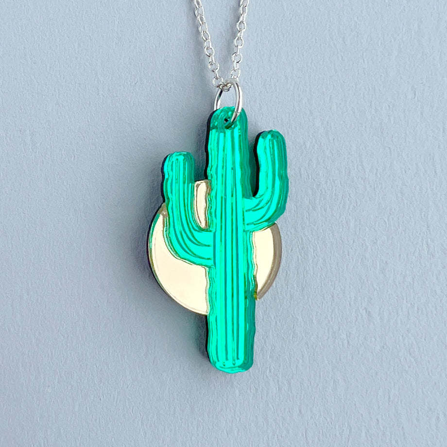 Saguaro cactus pin necklace by Tiny Scenic in green and gold