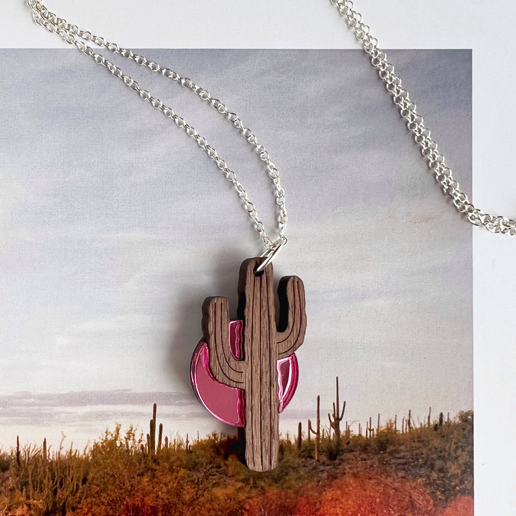 Wooden cactus necklace with pink sunset by Tiny Scenic